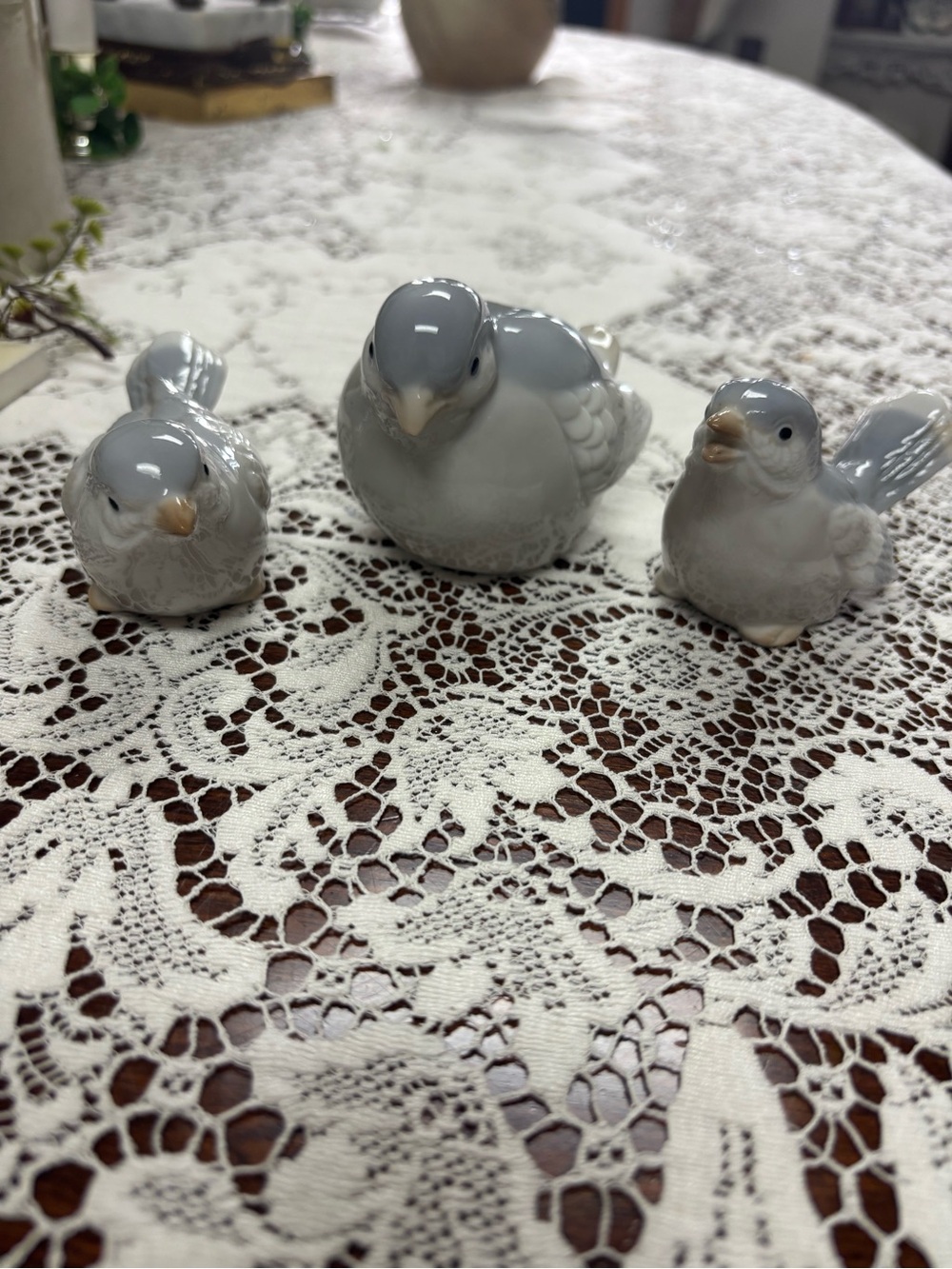 Porcelain Bird Figurine Trio in Pale Gray/blue set of 3